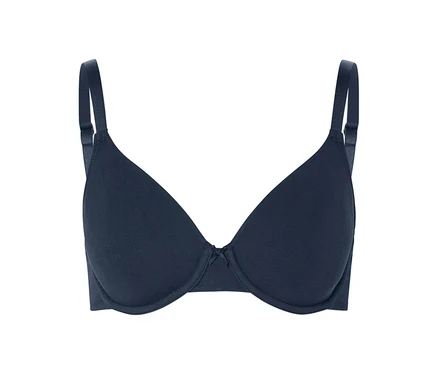 Gros plan d'un soutien-gorge à armatures bleu foncé avec bretelles réglables.