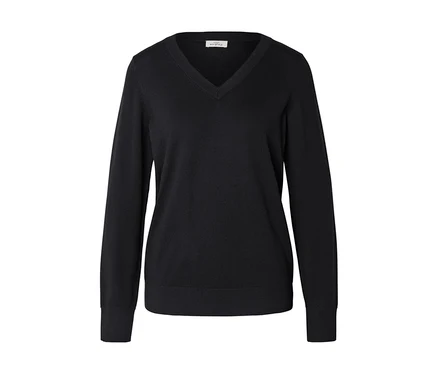 Pull noir à col en V, à manches longues et en maille fine.
