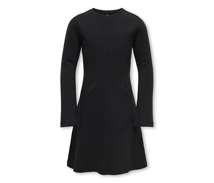 Robe noire à manches longues, col rond et ourlet légèrement évasé.