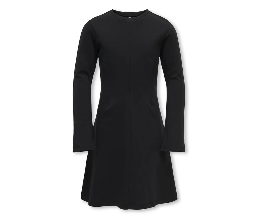 Robe noire à manches longues, col rond et ourlet légèrement évasé.