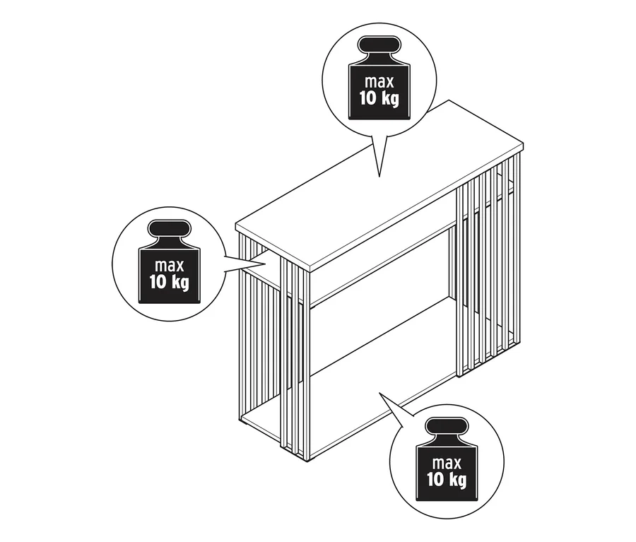 Console avec montants métalliques, présentant trois niveaux avec une capacité de charge maximale de 10 kg chacun.