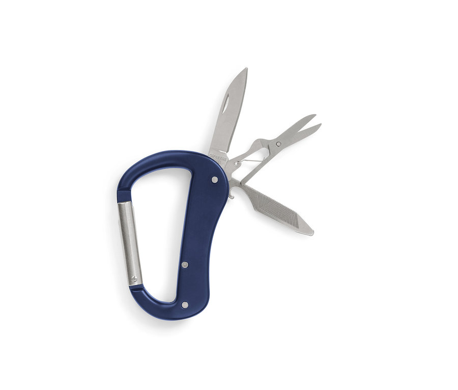 Mousqueton bleu avec outils polyvalents 5 en 1 avec couteau, ciseaux et lime ouverts.