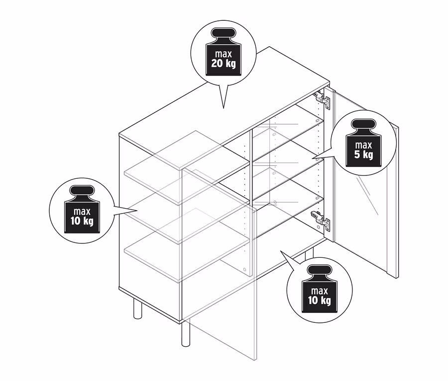 Dessin au trait d'une vitrine aspect travertin avec portes ouvertes. La charge maximale est de 20 kg pour le dessus, 10 kg pour les étagères et 5 kg pour la porte.