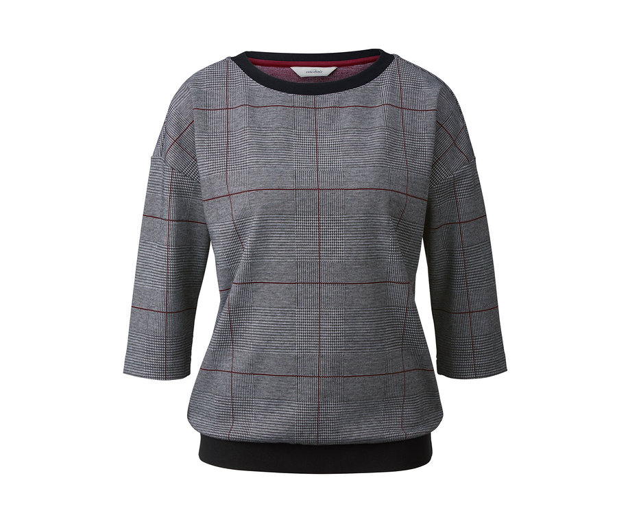 Sweat gris à manches 3/4 avec motif à carreaux.