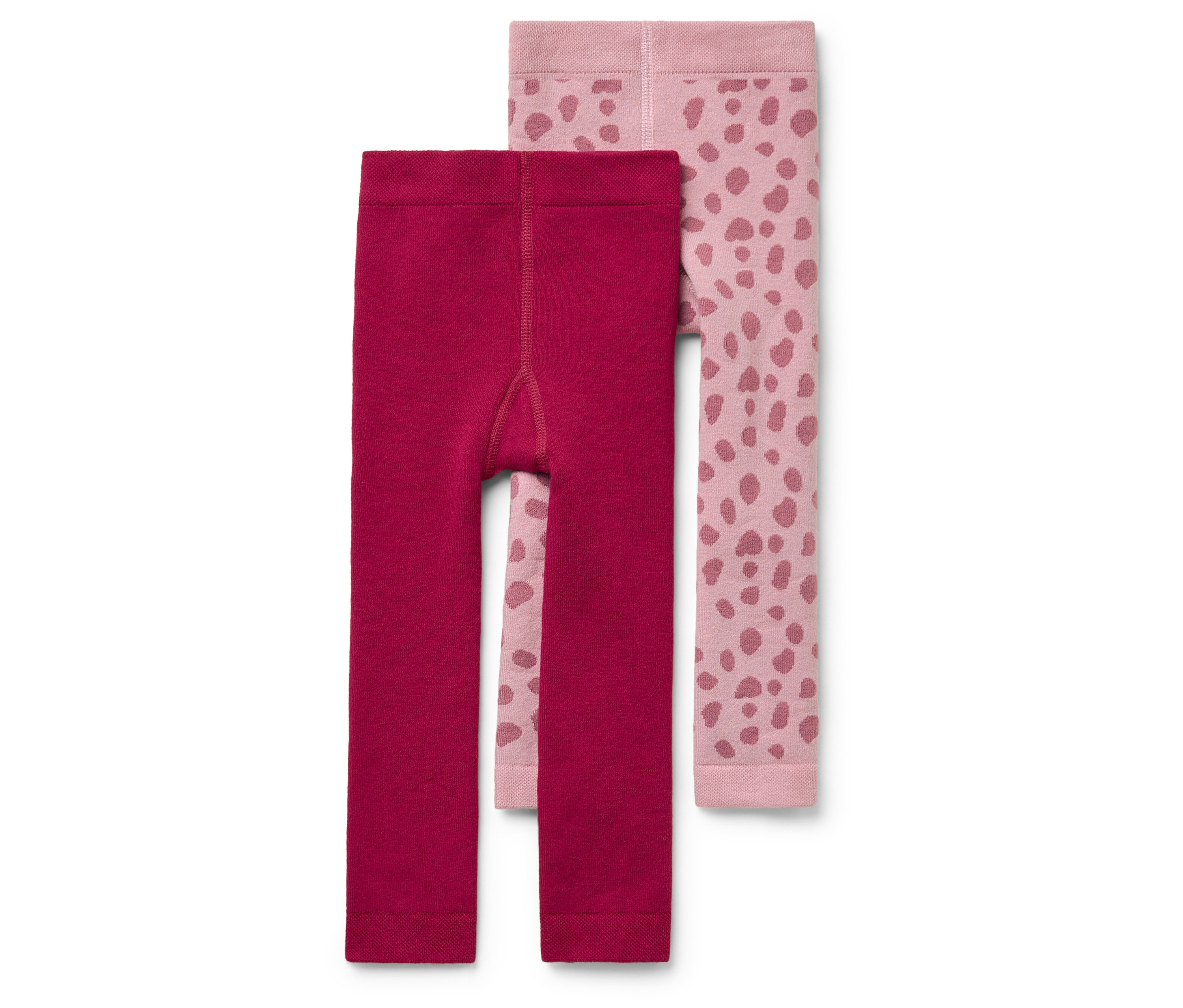 Deux paires de collants pour enfants : une bordeaux, l’autre rose clair avec un imprimé animal rose foncé.