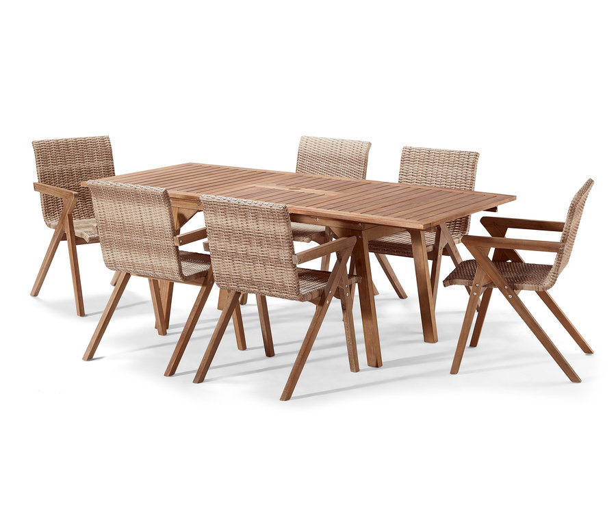 Ensemble de table et chaises en poly rotin et en acacia, 7 pièces.