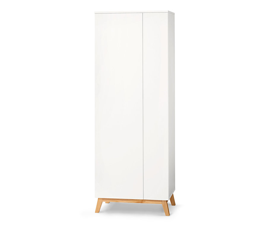 Une armoire multifonction blanche repose sur une base en bois clair.