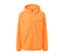 Veste coupe-vent orange fluo avec capuche et éléments réfléchissants sur les manches.
