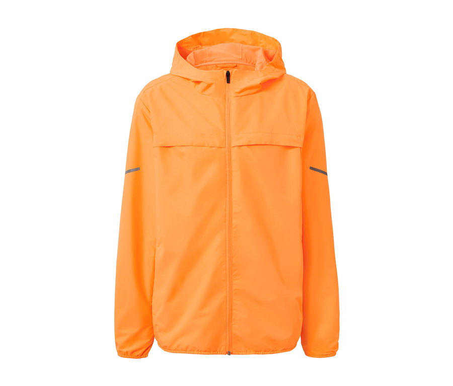 Veste coupe-vent orange fluo avec capuche et éléments réfléchissants sur les manches.