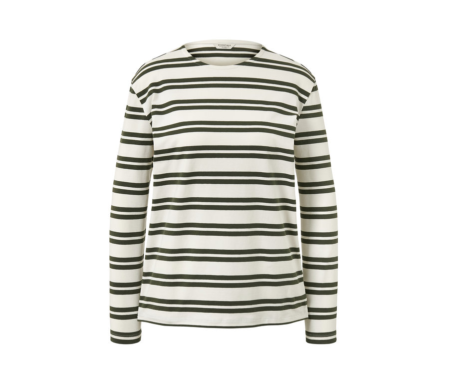 Chemise à manches longues rayée vert olive et crème sur fond blanc.