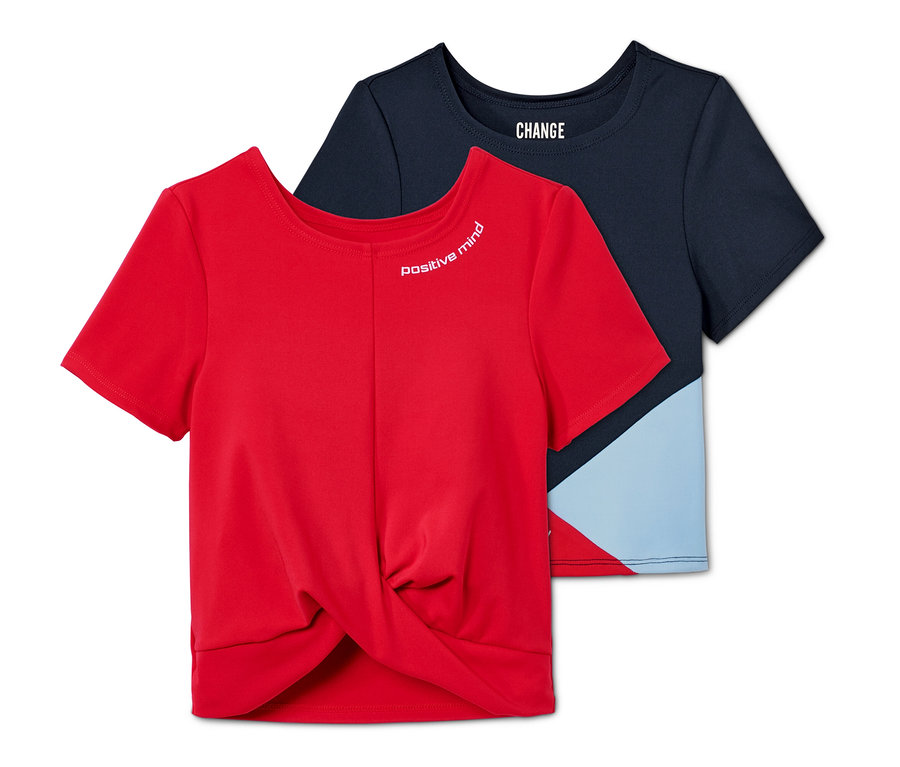 T-shirt fonctionnel court pour filles avec des matériaux recyclés rouge et bleu.