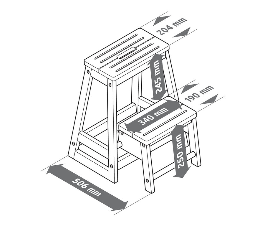 Schéma d'un marchepied escamotable en bois massif avec dimensions.