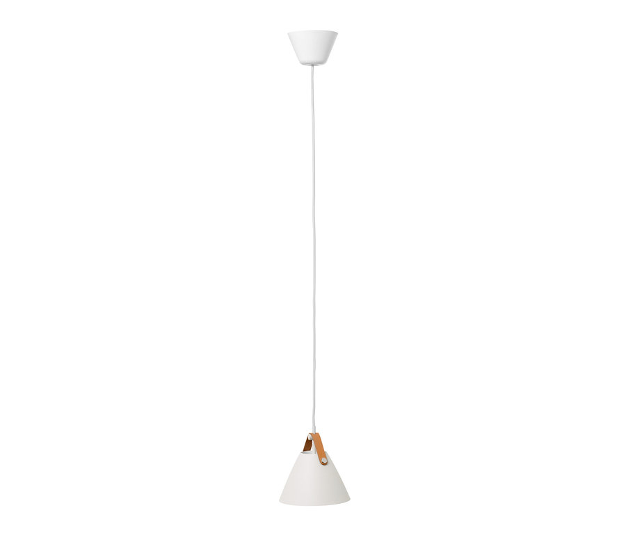 Suspension Design for the people by Nordlux « Strap 16 » blanche avec détail en cuir marron.