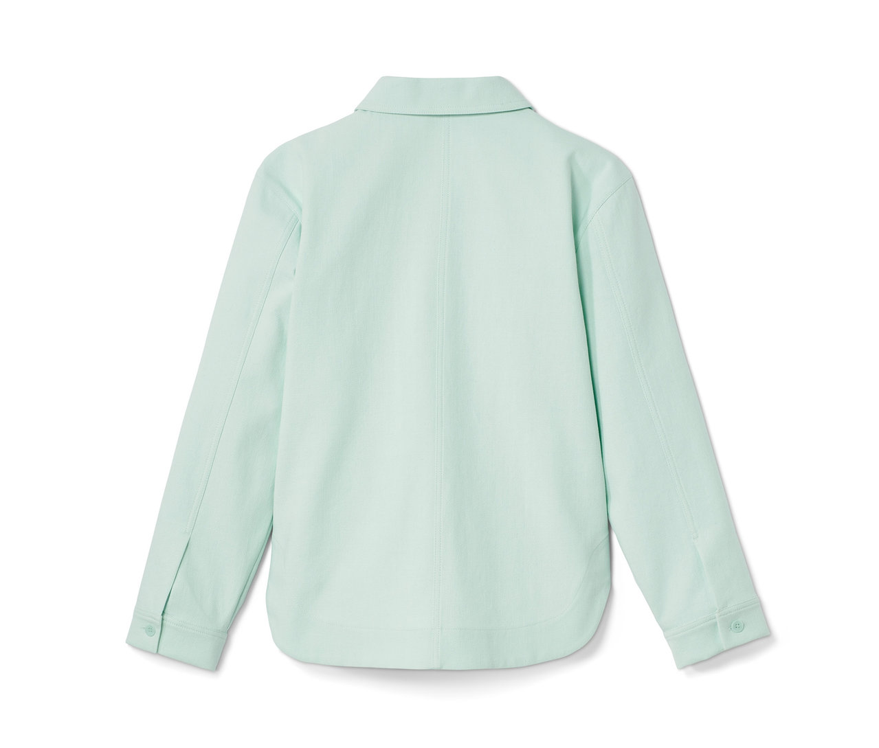 Vue arrière de la veste chemisier vert clair NAH/STUDIO en coton recyclé.