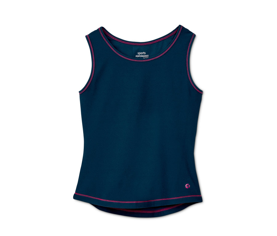 Un haut de sport bleu marine avec une bordure rose.