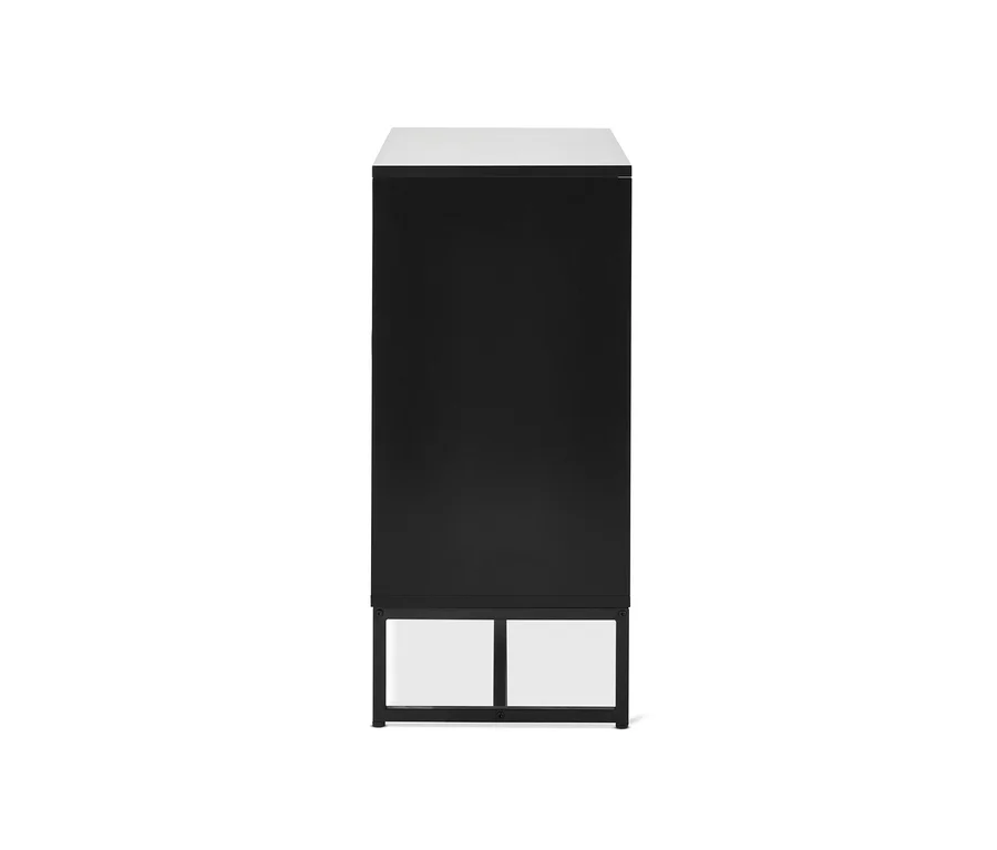Meuble noir avec portes en verre.