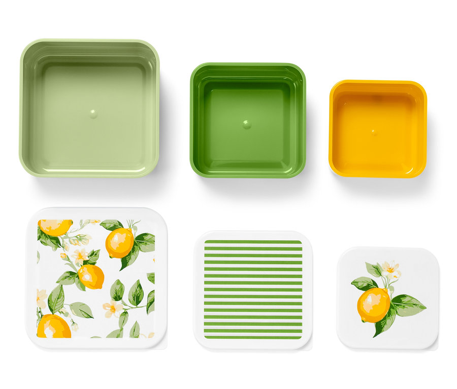 Un ensemble de six récipients carrés. Trois récipients verts et jaunes sont en haut, et trois couvercles avec des imprimés de citrons et de rayures vertes sont en bas.