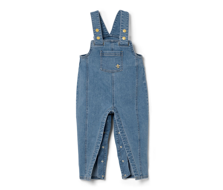 Salopette en denim avec poche et abeille décorative.