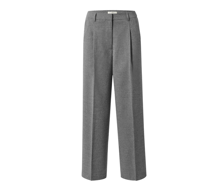 Pantalon tissé gris sur fond blanc.