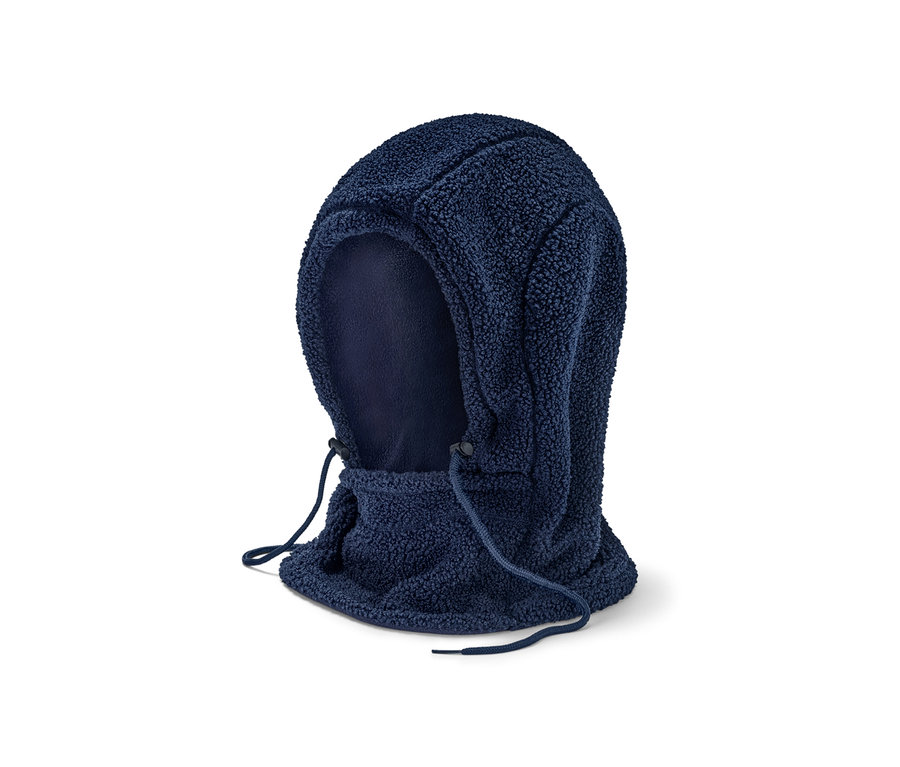 Une capuche bleu marine en peluche avec un col montant.