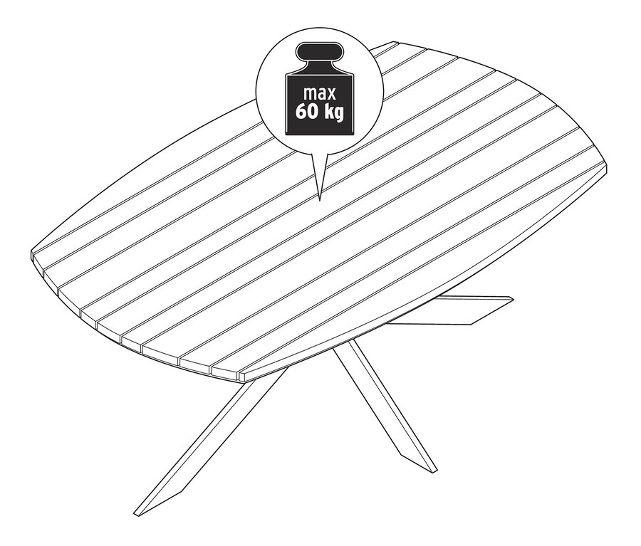 Dessin d'une table à manger avec un pied en X moderne, env. 1,8 m.