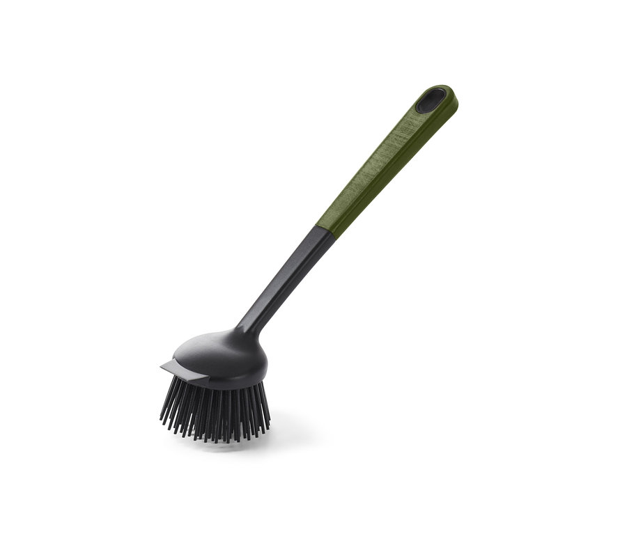 Brosse à vaisselle avec grattoir de nettoyage.