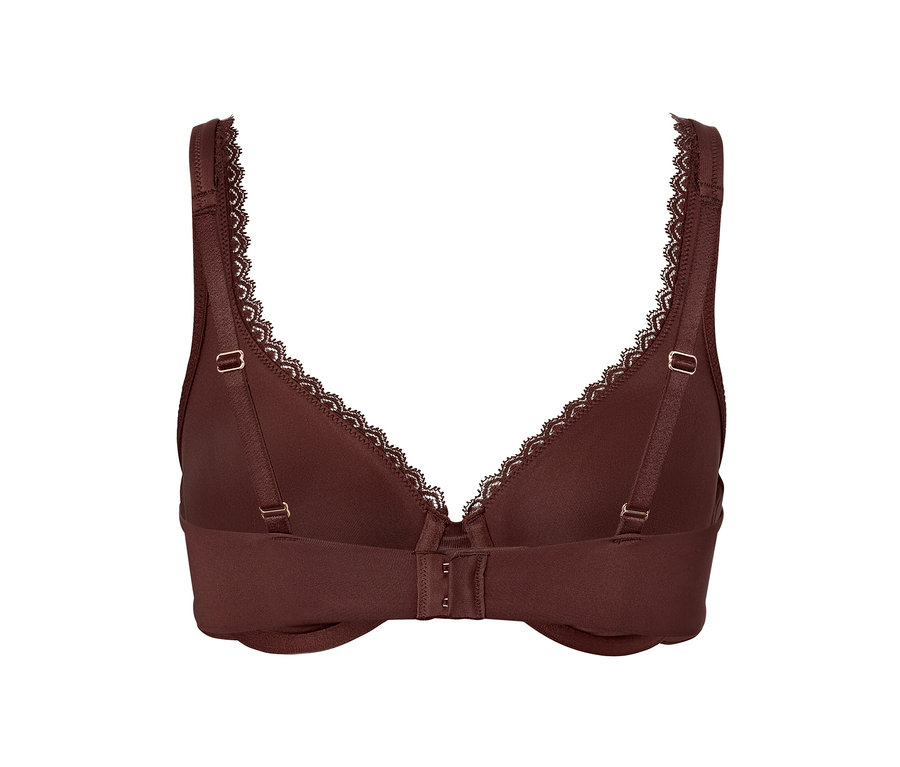 Vue détaillée d'un soutien-gorge à armatures marron avec de la dentelle.