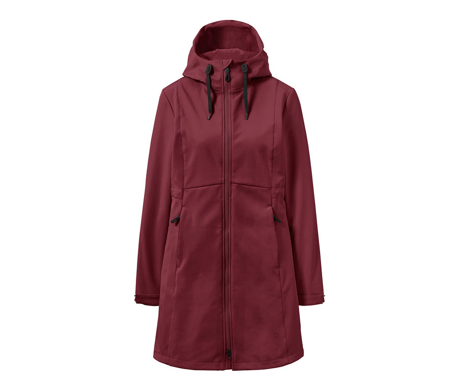 Manteau en softshell bordeaux avec capuche.