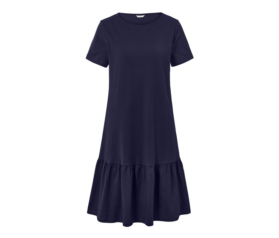 Robe en jersey bleu foncé avec un volant.