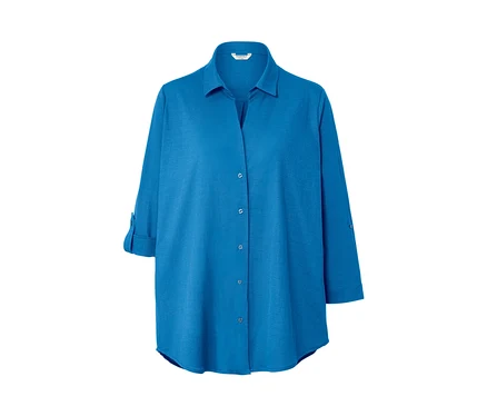 Chemisier en jersey piqué bleu azur avec manches longues et fermeture boutonnée.