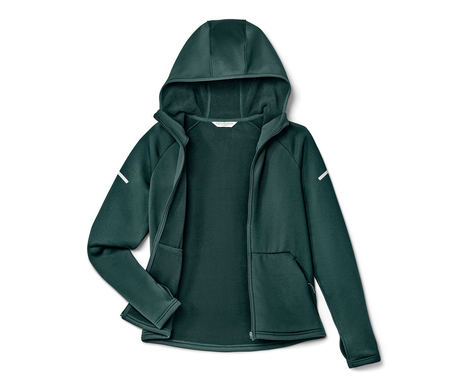 Veste thermique vert foncé à capuche, ouverte et posée à plat.