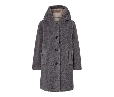 Manteau en teddy gris avec capuche.