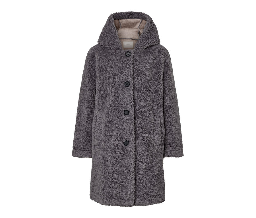 Manteau en teddy gris avec capuche.