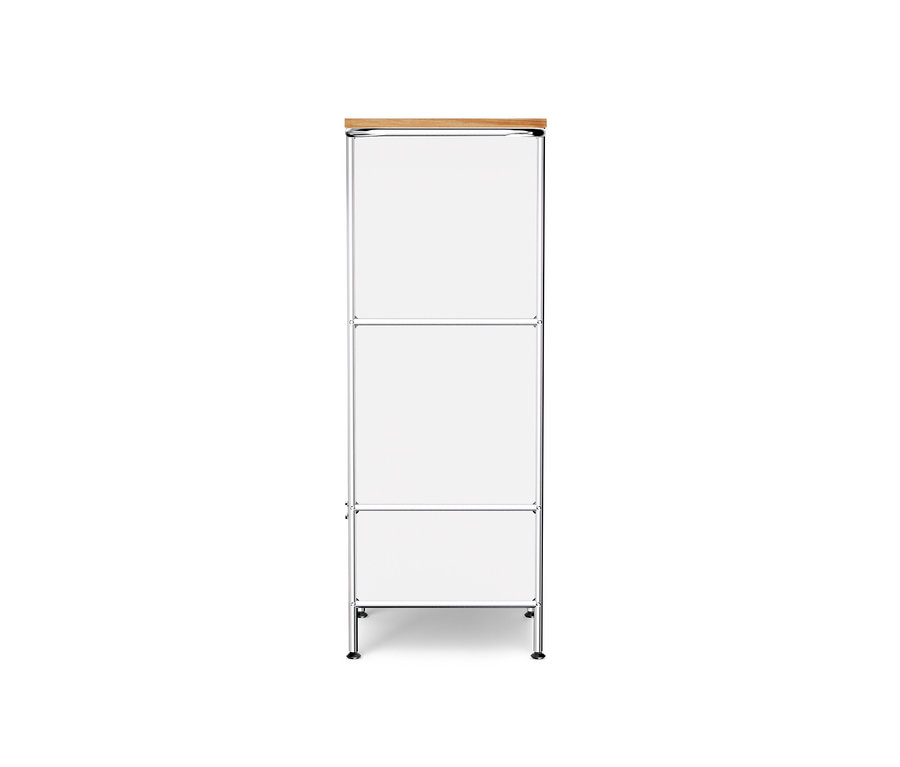 Meuble en métal blanc « CN3 » avec plateau en bois, 1 abattant et 4 tiroirs.