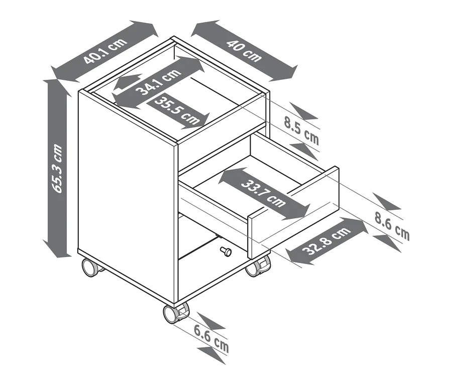 Schéma d'un caisson à roulettes avec tiroirs, avec les dimensions indiquées.