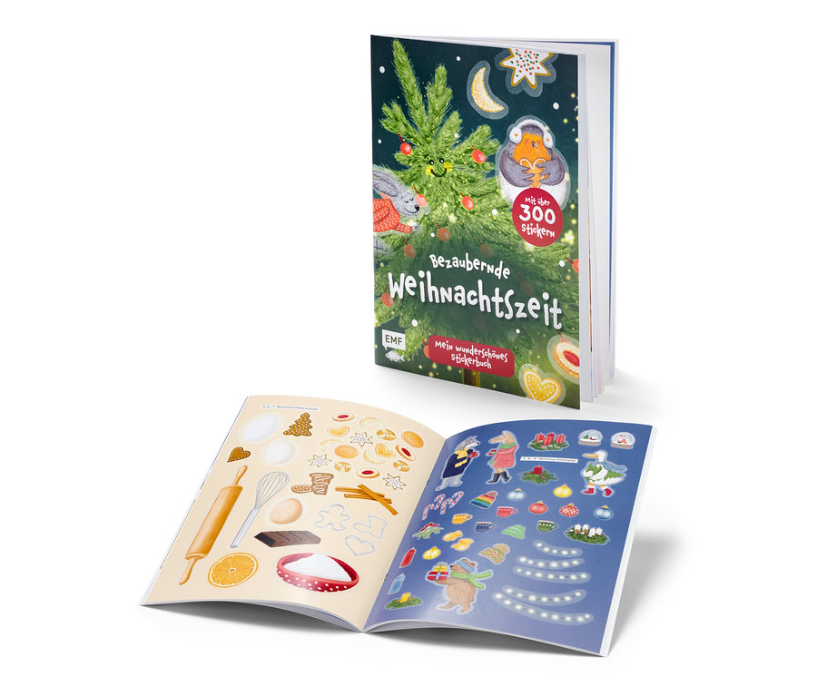 Livre d'autocollants ouvert « Bezaubernde Weihnachtszeit » avec des motifs de Noël.