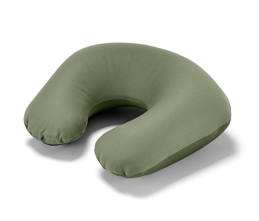 Coussin gonflable pour la nuque, de couleur verte.