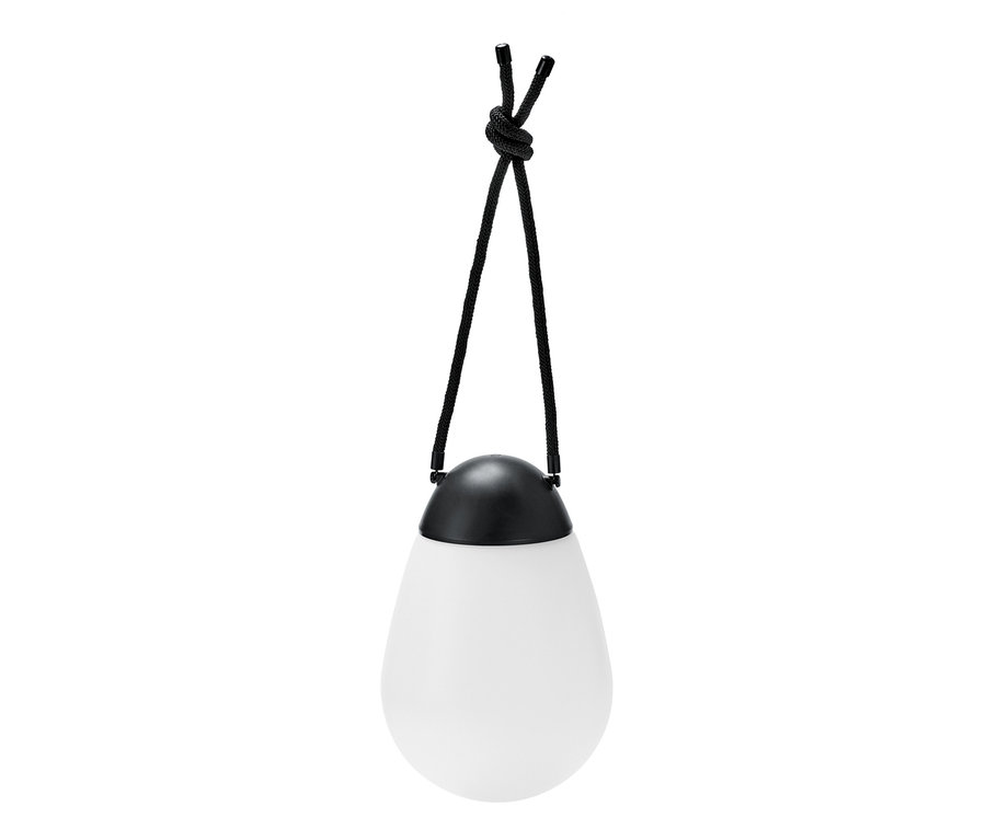 Une lampe à LED rechargeable noir et blanc avec batterie interchangeable supplémentaire suspendue à une corde noire.
