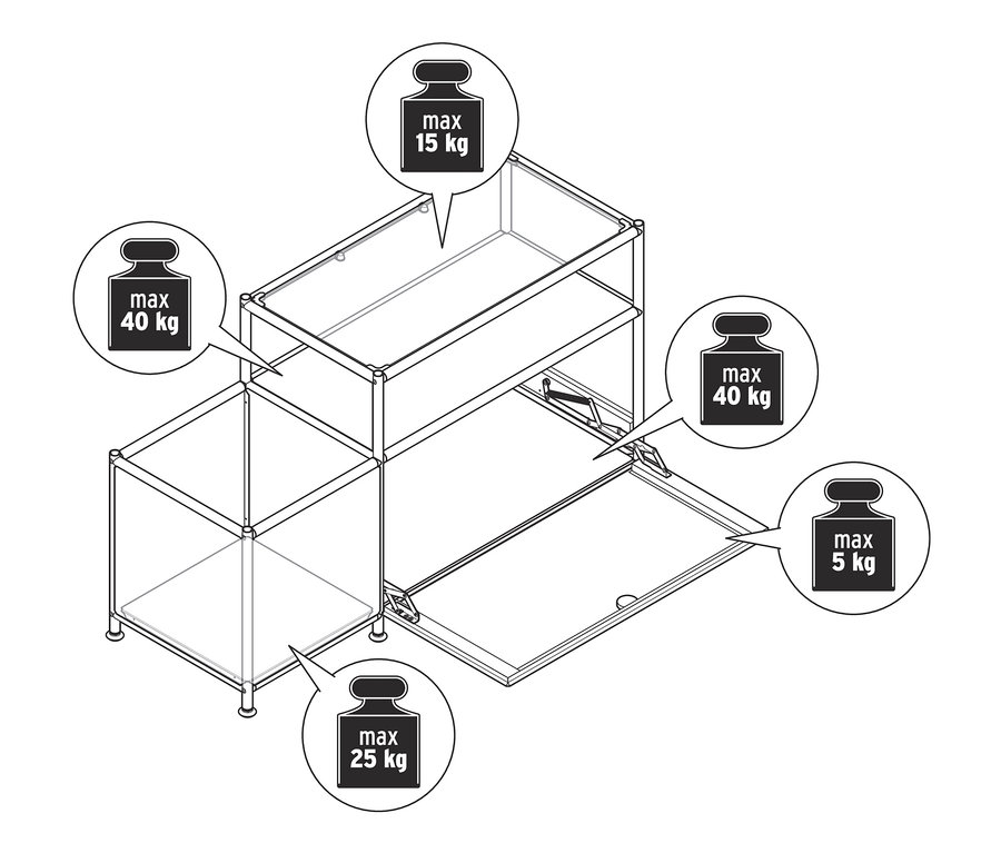 Schéma d'une desserte à alcool en métal « CN3 » avec tiroir, indiquant les limites de poids.