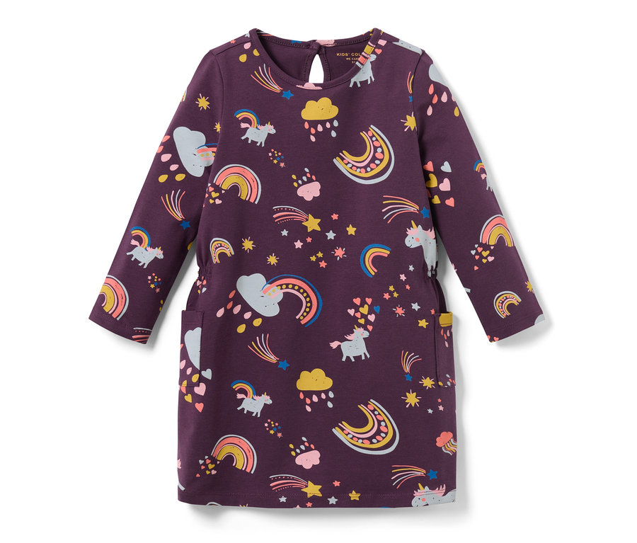 Robe en jersey violette à manches longues pour enfant, imprimée avec des arcs-en-ciel, des licornes, des étoiles et des nuages.