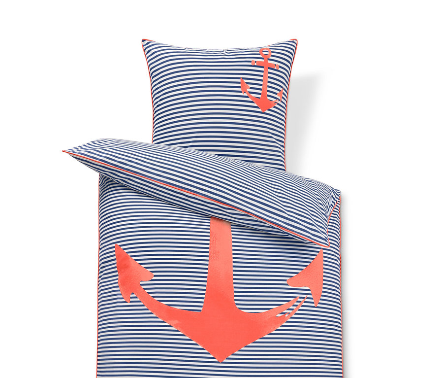 Parure de lit en percale rayée avec motif d'ancre.