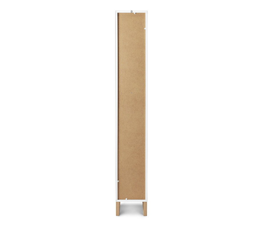 Armoire haute de salle de bain étroite avec étagère ouverte, tiroir et porte.