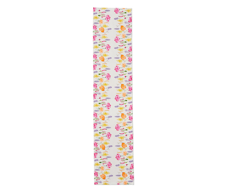 Chemin de table blanc avec imprimé floral.
