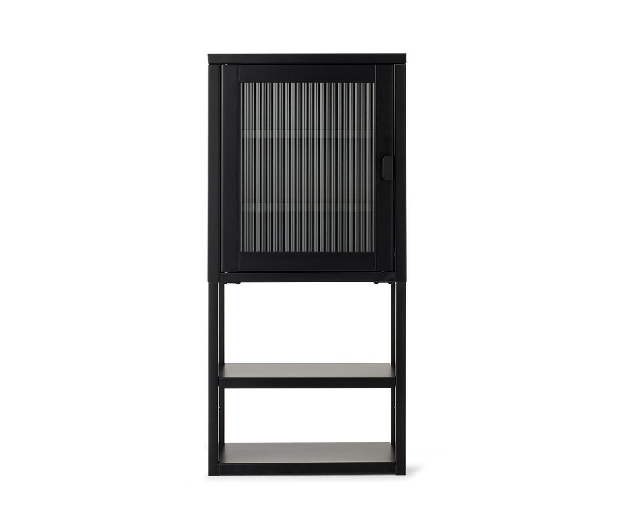 Armoire murale noire avec porte en verre.