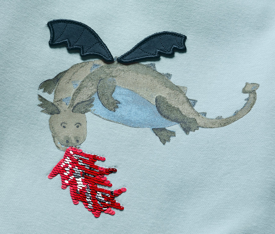Sweat-shirt bleu clair pour enfant avec intérieur gratté et motif dragon.