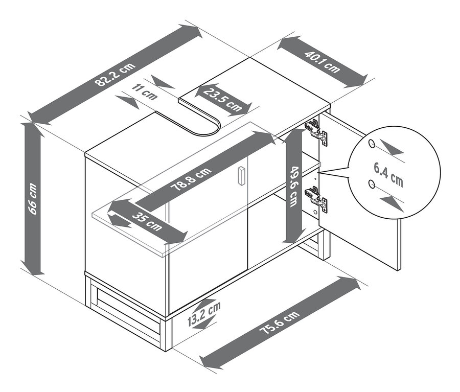 Schéma d'un meuble sous-vasque avec 2 portes et dimensions.