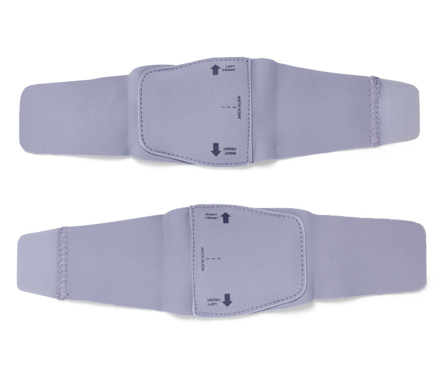 Deux bandes réglables de couleur violet clair, vues du dessus sur un fond blanc.