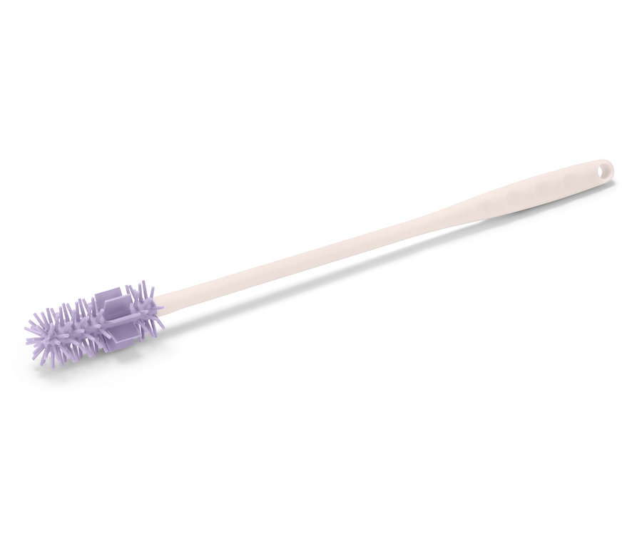 Une brosse de nettoyage pour bouteilles avec des poils orange et un manche blanc repose sur un fond blanc.