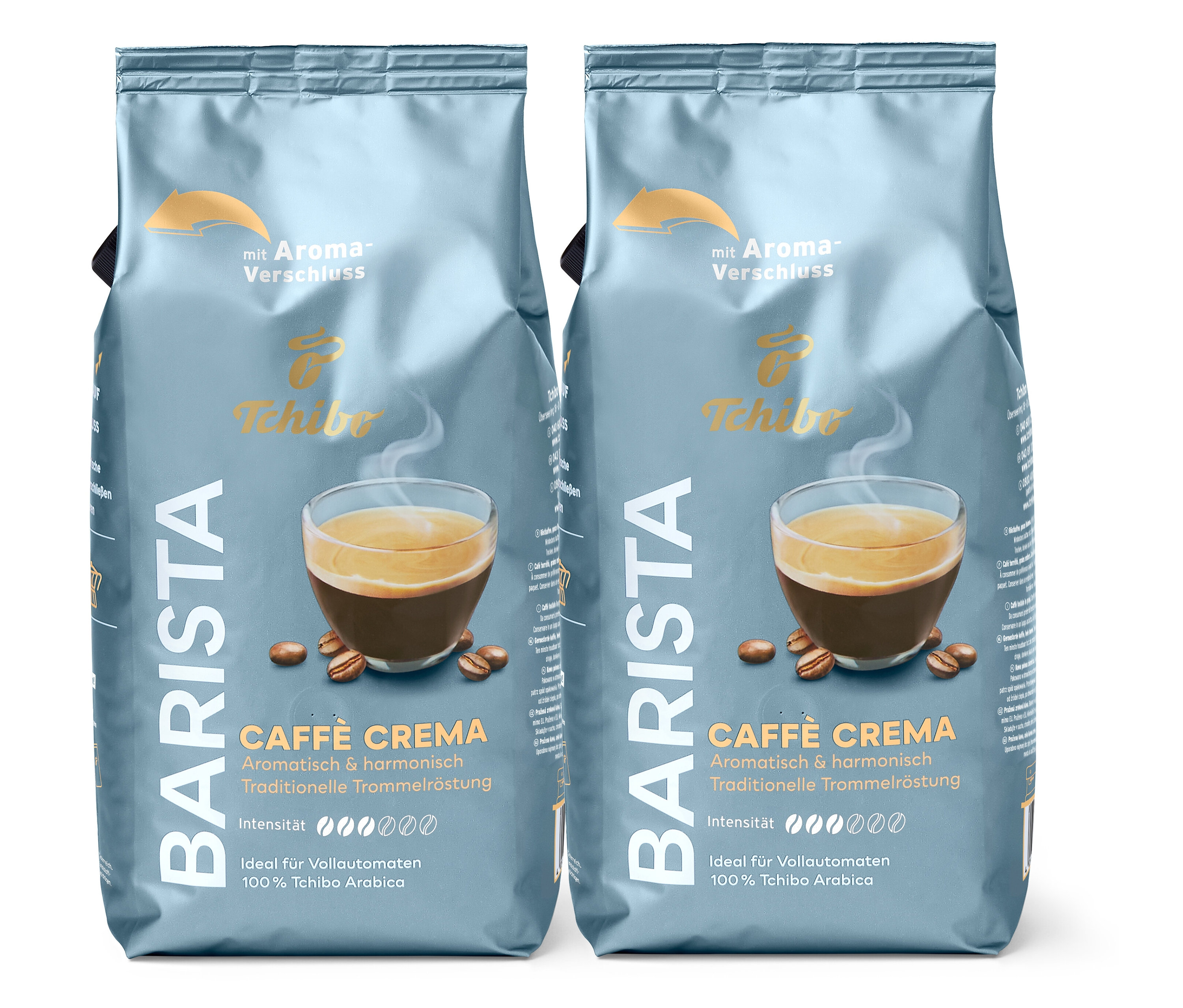 Deux paquets de Barista Caffè Crema – 2x 1 kg grains entiers.