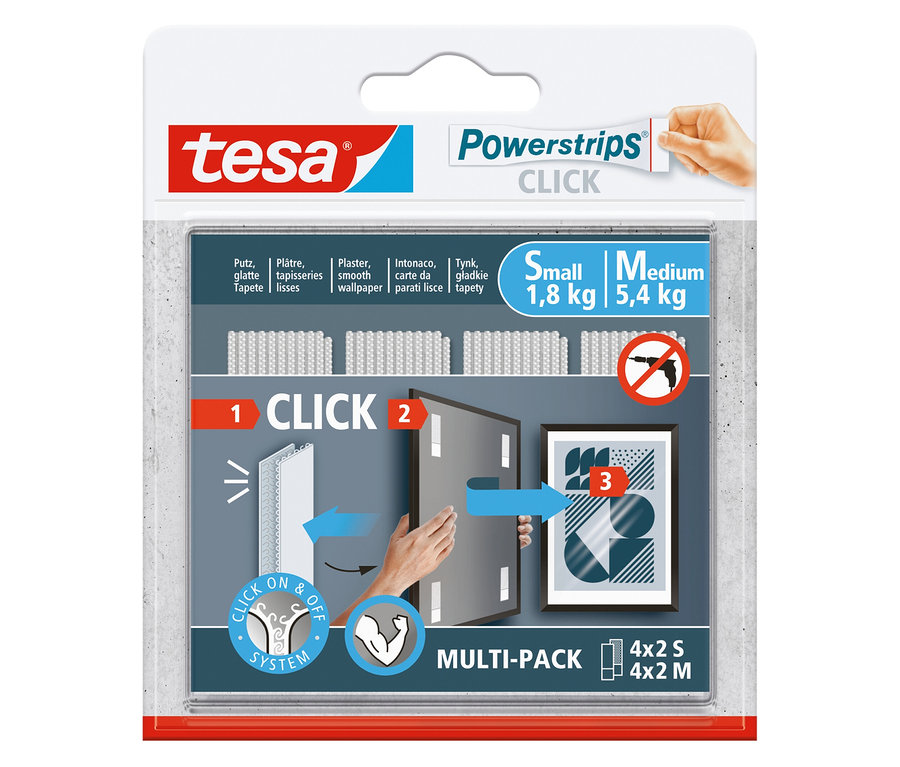 Paquet de Tesa Powerstrips Click avec illustrations d'utilisation.